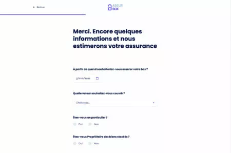 Capture d'écran de l'étape 2 du tunnel de souscription du site assurmonbox.fr