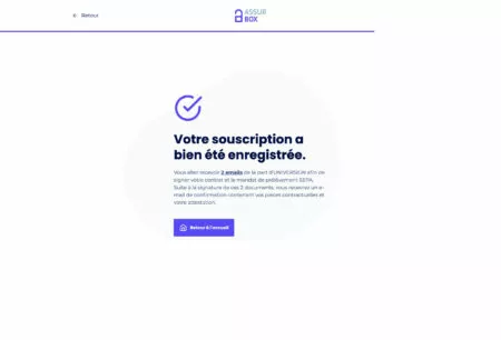 Capture d'écran de la confirmation de souscription du site assurmonbox.fr