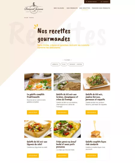 Capture d'écran de la page "Nos recettes" du site bernard-jarnoux-crepier.com