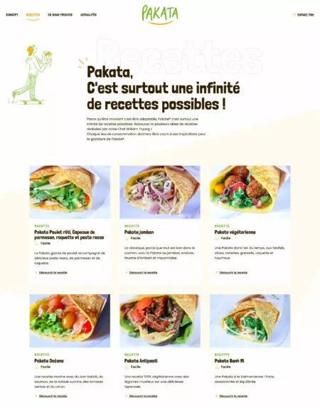 Capture d'écran de la page "Recettes" du site snacking-pakata.com